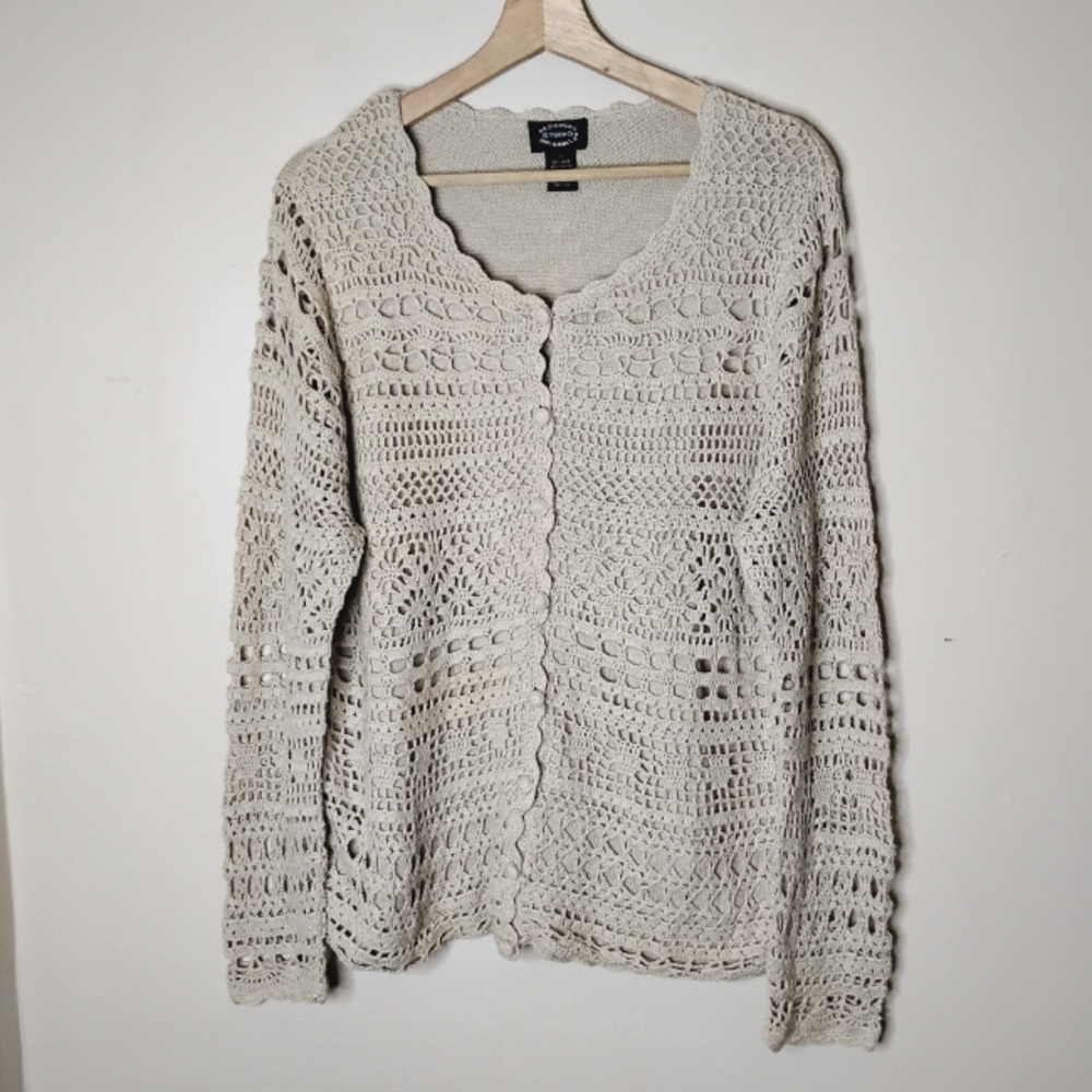 Designers Studio Tan Crochet Cardigan Sweater 1X - Picture 3 of 8